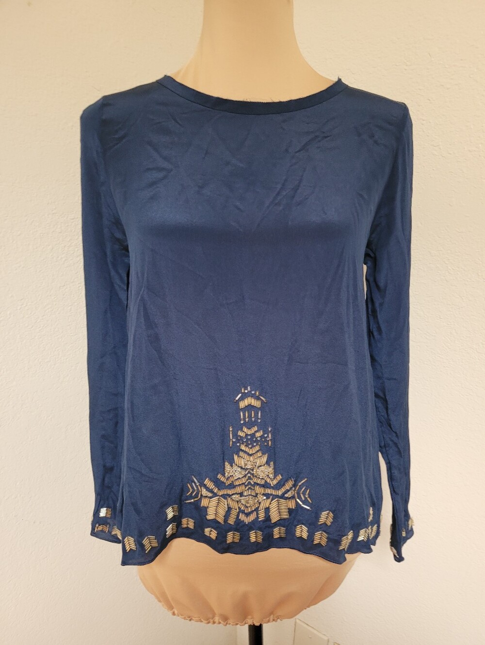Arteleir Nicole Miller Silk Navy Long-Sleeve Beaded Blouse